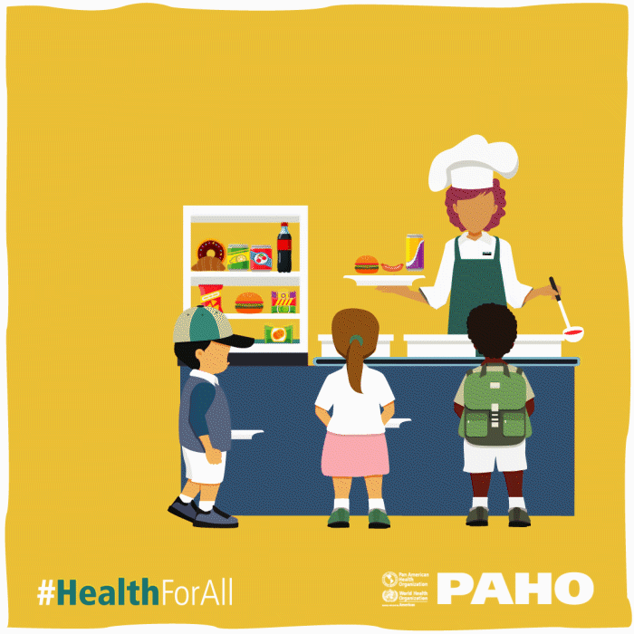 -	Children are overexposed to unhealthy foods  changes in the school food environment  help prevent childhood obesity; Yellow background with children at a school cafeteria being served unhealthy foods and then being served healthier foods, such as fruits and vegetables; #HealthForAll