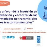 Tarjeta ilustrada con el icono de un corazón entre unas manos y un gráfico de barras con una flecha ascendente, junto al texto correspondiente al evento y la hora. Abajo, los logos de OPS, MINSA y PNUD