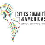 Map of the Americas with text: Cities Summit of the Americas - Denver, Colorado -2023