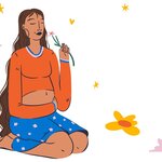 ilustración de mujer embarazada sosteniendo flor y tocándose la panza