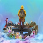 An adolescent with a back-pack and a yellow hoodie, seen from her back, standing in the middel of a bear trap sorrounded by tobacco products, in a blue background with white smoke