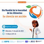 Mundo con manzana, una mano abrazando y la figura de una científica para representar el día mundial de la inocuidad de los alimentos: la ciencia en acción