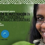 Banner verde con patrones geométricos blancos, logos institucionales (OPS/OMS), texto informativo sobre la Consulta Regional para la Priorización de Investigación en Medicinas Tradicionales, Complementarias e Integrativas, y una mujer sonriente sosteniendo a su bebé. São Paulo, Brasil, 11-12 junio 2025.