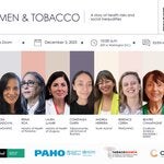 Webinar banner: “Women & Tobacco” on Dec 3, 2025, via Zoom; event details, speaker names, and partner logos shown.