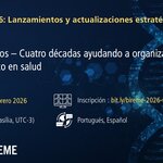 Seminario web “BIREME 2026: Lanzamientos y actualizaciones estratégicas – Webinar #1”. Título: “DeCS 40 años – Cuatro décadas ayudando a organizar el conocimiento en salud”. Fecha: 26 de febrero de 2026. Hora: 11:00 a.m. (Brasilia, UTC-3). Idiomas: portugués y español. Inscripción: bit.ly/bireme-2026-webinar-01. Fondo azul oscuro con elementos gráficos digitales e imagen estilizada de una doble hélice de ADN. Logotipos de la OPS, BIREME, Biblioteca Virtual en Salud (BVS), DeCS y LILACS en la parte inferior.