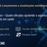 Webinário “BIREME 2026: Lançamentos e atualizações estratégicas – Webinar #1”. Título: “DeCS 40 anos – Quatro décadas ajudando a organizar o conhecimento em saúde”. Data: 26 de fevereiro de 2026. Horário: 11am (Brasília, UTC-3). Idiomas: Português e Espanhol. Link para inscrições: bit.ly/bireme-2026-webinar-01. Fundo azul escuro com elementos gráficos digitais e imagem estilizada de dupla hélice de DNA. Logotipos da OPAS, BIREME, Biblioteca Virtual em Saúde (BVS), DeCS e LILACS na parte inferior.