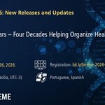 Webinar “BIREME 2026: New Releases and Updates – Webinar #1.” Title: “DeCS 40 Years – Four Decades Helping to Organize Health Knowledge.” Date: March 5, 2026. Time: 11:00 a.m. (Brasília, UTC-3). Languages: Portuguese and Spanish. Registration link: bit.ly/bireme-2026-webinar-01. Dark blue background with digital graphic elements and a stylized DNA double helix image. Logos of PAHO, BIREME, the Virtual Health Library (VHL), DeCS, and LILACS at the bottom.