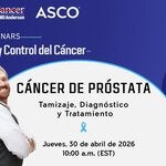 Imagen de dos hombres de mediana edad de brazos cruzados, sonriendo, uno de ellos es afrodesdendiente y el otro caucásico. Al fondo, la información del webinar sobre Cáncer de próstata: tamizaje, diagnóstico y tratamiento que se realiza el 30 de abril