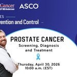 An image of two middle-aged men with their arms crossed and smiling; one is of African descent, and the other is Caucasian. In the background, information regarding a webinar on Prostate Cancer—covering screening, diagnosis, and treatment—scheduled for April 30th.