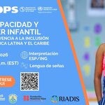 niña con un libro en la mano, junto a ella anuncio del webinar sobre discapacidad y cáncer infantil
