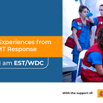 Banner for the ‘Deploying Care’ webinar about nursing experiences in EMT hurricane response, featuring medical staff assisting a patient.