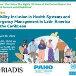 Event banner announcing the launch of the report “Disability Inclusion in Health Systems and Emergency Management in Latin America and the Caribbean,” with date, time, QR code, illustration of diverse persons with disabilities, and logos of RIADIS, PAHO, and ECLAC.