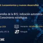 Banner del Seminario Web #4 de la serie “BIREME 2026: Lanzamientos y nuevos desarrollos”, con el título “Nuevos desarrollos de la BVS: indización automática por IA y Vitrinas del Conocimiento estratégicas”. Informa la fecha (28 de mayo de 2026), horario (11:00, UTC-3), idioma (portugués) y enlace de inscripción: bit.ly/bireme-2026-webinar-04. Fondo azul oscuro con elementos digitales e imagen estilizada de ADN.
