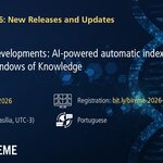 Banner for Webinar #4 of the series “BIREME 2026: New Releases and Updates”, titled “New VHL developments: AI-powered automatic indexing and strategic Windows of Knowledge”. Includes the date (May 28, 2026), time (11:00 AM, UTC-3), language (Portuguese), and registration link: bit.ly/bireme-2026-webinar-04. Dark blue background with digital elements and a stylized DNA image.