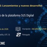 Banner del Seminario Web #5 de la serie “BIREME 2026: Lanzamientos y nuevos desarrollos”, con el título “Lanzamiento de la Plataforma SUS Digital”. Informa la fecha (25 de junio de 2026), la hora (11:00 h, UTC-3), el idioma (portugués) y el enlace de inscripción: bit.ly/bireme-2026-webinar-05. Fondo azul oscuro con elementos digitales, logotipos institucionales e imagen estilizada de ADN.