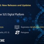 Banner for Webinar #5 of the series “BIREME 2026: New Releases and Updates”, titled “Launch of the SUS Digital Platform”. Displays the date (June 25, 2026), time (11:00 AM, UTC-3), language (Portuguese), and registration link: bit.ly/bireme-2026-webinar-05. Dark blue background with digital elements, institutional logos, and a stylized DNA image.