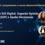 Banner do Webinário #5 da série “BIREME 2026: Lançamentos e novos desenvolvimentos”, com o título “Lançamento da Plataforma SUS Digital”. Informa data (25 de junho de 2026), horário (11h, UTC-3), idioma (português) e link de inscrição: bit.ly/bireme-2026-webinar-05. Fundo azul escuro com elementos digitais, logomarcas institucionais e imagem estilizada de DNA.