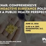 Yellow pills on the hand of a health worker. The card includes the title of the webinar and the time and date, with a qr code
