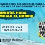 Gráfico promocional de un seminario web de la OPS/OMS por el Día Mundial para la Prevención de los Ahogamientos 2026, con una piscina, el lema “Unidos para cambiar el rumbo”, la fecha y hora del evento (24 de julio de 2026, 11:00 a. m. EDT) y un código QR para inscripción.