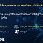 Banner do Webinário #6 da BIREME/OPAS/OMS. Em fundo azul-escuro com elementos de DNA e tecnologia, apresenta o tema "Novas fronteiras da gestão da informação: inteligência artificial e análise de dados". Informa data (6 de agosto de 2026), horário (11h, Brasília, UTC-3), idioma (português) e inscrições em bit.ly/bireme-2026-webinar-06. Na base, logotipos da OPAS, BIREME, BVS, DeCS e LILACS.