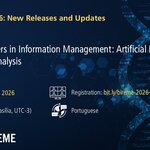 Promotional banner for BIREME/PAHO/WHO Webinar #6. Against a dark blue background with DNA and technology-themed graphics, it features the topic "New Frontiers in Information Management: Artificial Intelligence and Data Analysis." It includes the date (August 6, 2026), time (11:00 a.m., Brasilia, UTC-3), language (Portuguese), and registration link: bit.ly/bireme-2026-webinar-06. The PAHO, BIREME, Virtual Health Library (VHL), DeCS, and LILACS logos appear at the bottom.