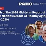 Webinar flyer for the 2026 Mid-term Report on the UN Decade of Healthy Aging, with event details, organization logos, and photos of older adults smiling