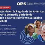 Poster del webinario sobre el reporte de Medio Periodo (2026) de la Década del Envejecimiento Saludable de la ONU, con los detalles del evento, logotipos de las organizaciones y fotografías de personas mayores sonriendo