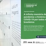 Divulgação da exposição itinerante “A infinita memória da pandemia”, com um visitante diante de uma instalação e informações sobre a abertura em Manaus, em 10 de setembro, às 19h.