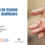 club foot flyer for webinar virtual course launch, showing baby clubfoot and healthcare workers hand
