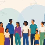 Grupo diverso de personas reunidas en comunidad con elementos que representan redes de alerta temprana.