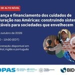 webinar flyer for upcoming event on Governance and Financing of Long-Term Care in the Americas: Building Sustainable Systems for Aging Societies, showing older persons with spirals behind them