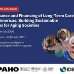 webinar flyer for upcoming event on Governance and Financing of Long-Term Care in the Americas: Building Sustainable Systems for Aging Societies, showing older persons with spirals behind them