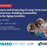 webinar flyer for upcoming event on Governance and Financing of Long-Term Care in the Americas: Building Sustainable Systems for Aging Societies, showing older persons with spirals behind them