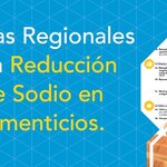 Collage de fotos de alimentos salados y advertencias sanitarias hexagonales y lente, con el texto "Adoptar las Metas Regionales de la OPS para la Reducción del Contenido de Sodio en los Productos Alimenticios".