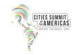 Map of teh AMericas with text: Cities Summit of the Americas - Denver, Colorado -2023