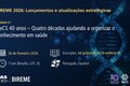 Webinário “BIREME 2026: Lançamentos e atualizações estratégicas – Webinar #1”. Título: “DeCS 40 anos – Quatro décadas ajudando a organizar o conhecimento em saúde”. Data: 26 de fevereiro de 2026. Horário: 11am (Brasília, UTC-3). Idiomas: Português e Espanhol. Link para inscrições: bit.ly/bireme-2026-webinar-01. Fundo azul escuro com elementos gráficos digitais e imagem estilizada de dupla hélice de DNA. Logotipos da OPAS, BIREME, Biblioteca Virtual em Saúde (BVS), DeCS e LILACS na parte inferior.