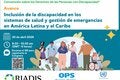 Banner del evento que anuncia el lanzamiento del informe «Inclusión de la discapacidad en los sistemas de salud y la gestión de emergencias en América Latina y el Caribe», con fecha, hora, código QR, una ilustración de personas diversas con discapacidad y los logotipos de RIADIS, la OPS y la CEPAL.