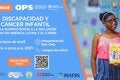 niña con un libro en la mano, junto a ella anuncio del webinar sobre discapacidad y cáncer infantil