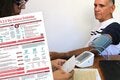 Vía clínica HEARTS 2.0 sobrepuesta sobre una foto de un hombre al que le toman la presión arterial con un dispositivo automático