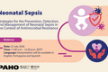 Webinar announcement for 'Neonatal Sepsis' on July 22, 2026, from 11:00 a.m. to 12:30 p.m. EDT. Offering strategies for prevention, detection, and management amid antimicrobial resistance. Interpretation in English, Portuguese, and Spanish. Includes PAHO and World Health Organization logos and illustrations of abstract human figures and protective shield symbolizing health protection.