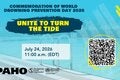 Promotional graphic for a PAHO/WHO webinar on World Drowning Prevention Day 2026, featuring a swimming pool, the slogan “Unite to Turn the Tide,” the date and time (July 24, 2026, 11:00 a.m. EDT), and a QR code for registration.
