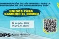 Gráfico promocional de un seminario web de la OPS/OMS por el Día Mundial para la Prevención de los Ahogamientos 2026, con una piscina, el lema “Unidos para cambiar el rumbo”, la fecha y hora del evento (24 de julio de 2026, 11:00 a. m. EDT) y un código QR para inscripción.