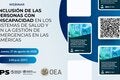 Afiche de un webinar de la OPS y la OEA sobre la inclusión de las personas con discapacidad en los sistemas de salud y la gestión de emergencias en las Américas, con fecha, hora y código QR.
