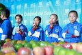 Niños y niñas vestidos con uniforme escolar deportivo, comiendo unas manzanas