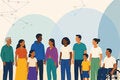 Grupo diverso de personas reunidas en comunidad con elementos que representan redes de alerta temprana.