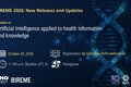 Webinar #8 of BIREME 2026: New Releases and Updates: Artificial Intelligence applied to health information and knowledge. October 29, 2026, at 11:00 a.m. Brasilia time. Online event in Portuguese with free registration. The image has a dark blue background featuring a digital DNA helix and graphic elements associated with technology and artificial intelligence.