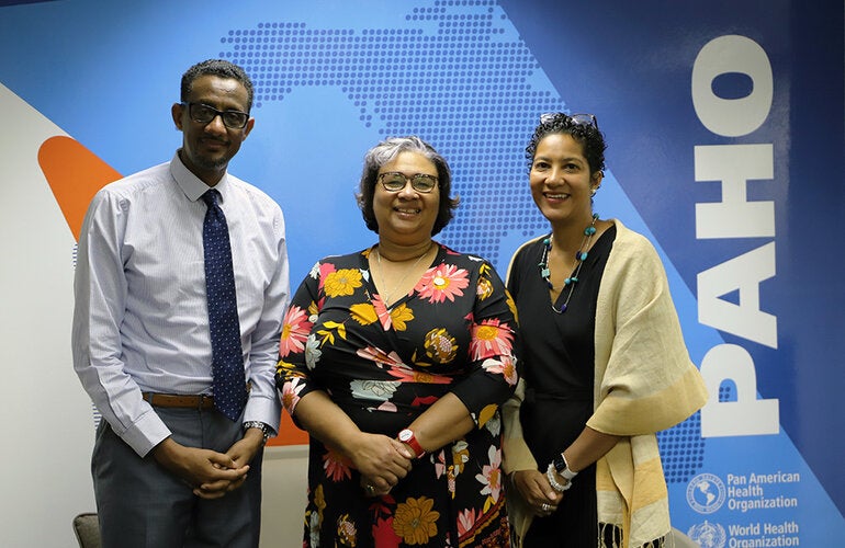 From left, Dr Yitades Gebre, PAHO/WHO Representative for Barbados and the Eastern Caribbean Countries, Dr Joy St John, Executive Director, Caribbean Public Health Agency and Mrs Jessie Schutt-Aine, Sub-Regional Program Coordinator, Caribbean