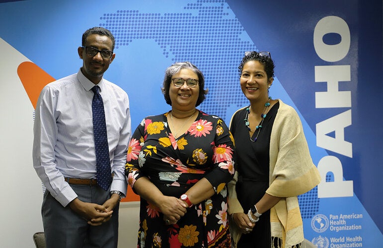 From left, Dr Yitades Gebre, PAHO/WHO Representative for Barbados and the Eastern Caribbean Countries, Dr Joy St John, Executive Director, Caribbean Public Health Agency and Mrs Jessie Schutt-Aine, Sub-Regional Program Coordinator, Caribbean