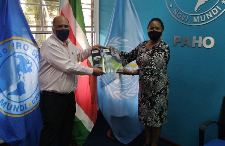 The Minister of Health, Antoine Elias officially handed over the "Final National COVID-19 Preparedness and Response Plan" and "Final Comprehensive Need Lists Preparedness and Response for COVID-19" to PAHO/WHO Representative Dr. Karen Lewis-Bell on 25 June 2020. 