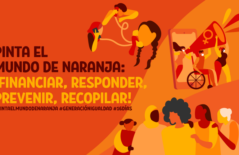 Illustration in orange background showing groups of women talking on the phone, doing activism and supporting each other